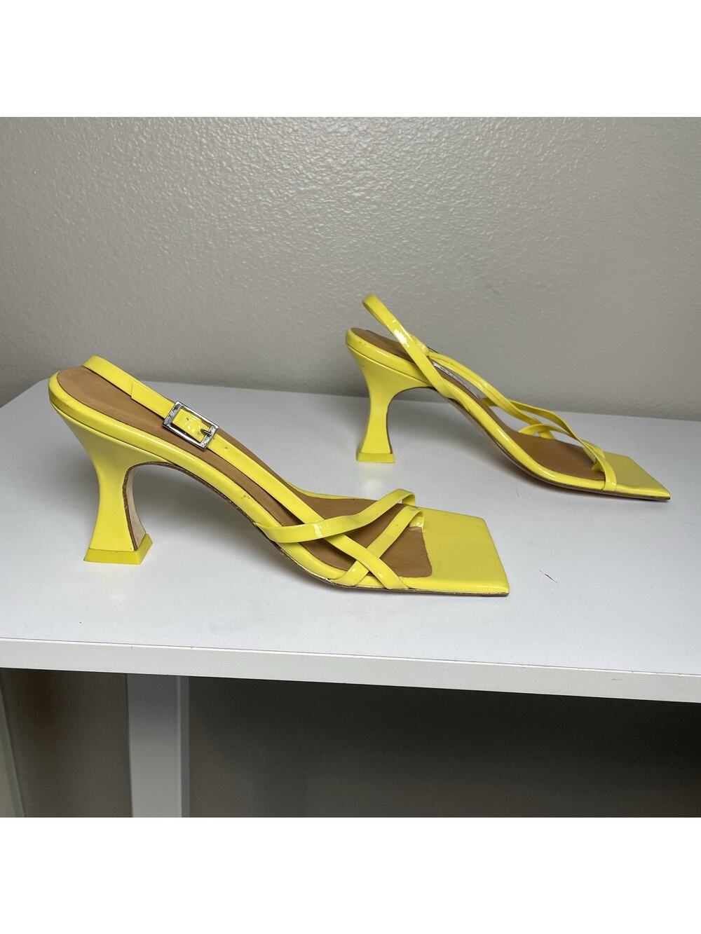 Miista Sandal Heels Yellow Size 38 Spain Leather Square Toe Strappy Buckle Sling